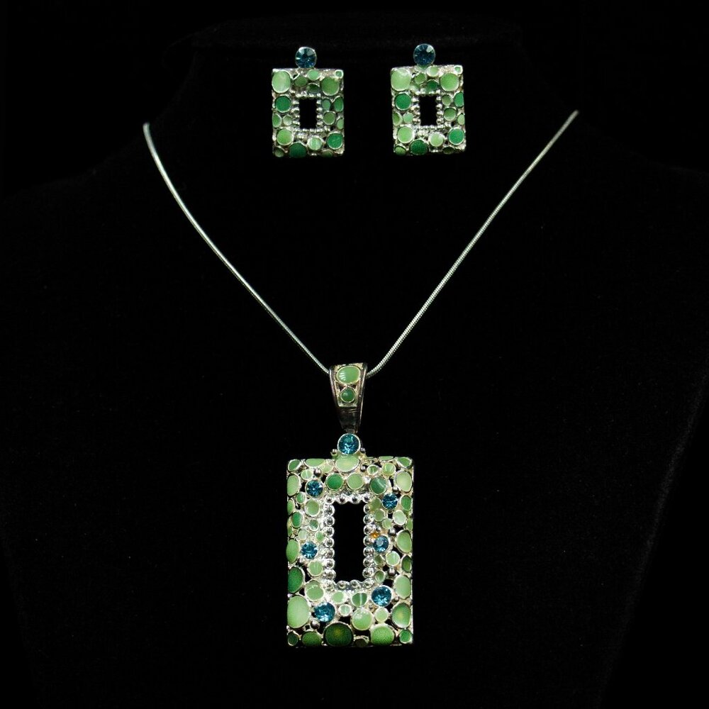 Rectangular Green & Blue Rhinestone Pendant & Pos… - image 1